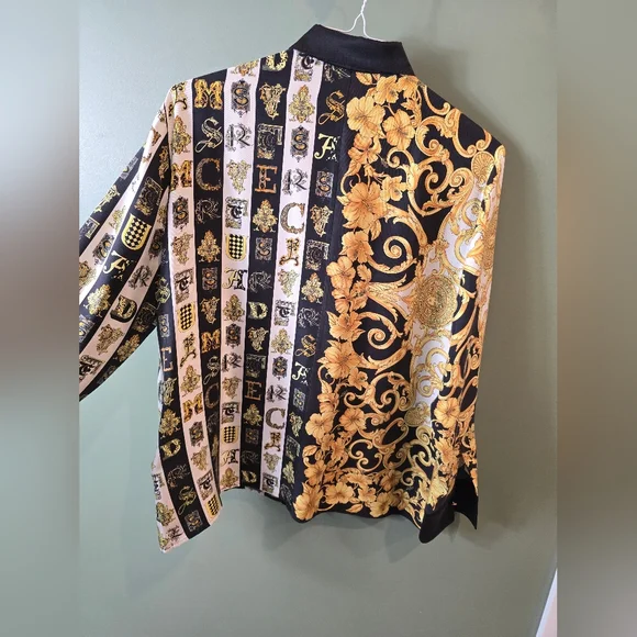 VERSACE 100% silk gold black Hibiscus Baroque Virtus Alphabet shirt S size mens - Picture 11 of 16